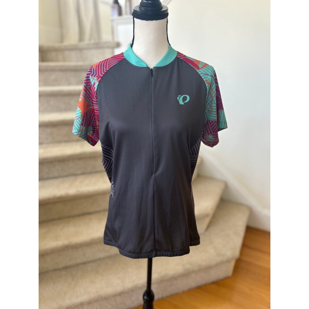 Pearl Izumi Grey Pink & Teal Abstract Print Short Sleeve Zip Up